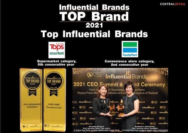 เซ็นทรัล ฟู้ด รีเทล ยืนหนึ่งผู้นำค้าปลีกไทย  นำ ท็อปส์ มาร์เก็ต และ แฟมิลี่มาร์ท คว้า รางวัลแบรนด์ที่ทรงอิทธิพลต่อผู้บริโภคมากที่สุด (Top Influential Brands)