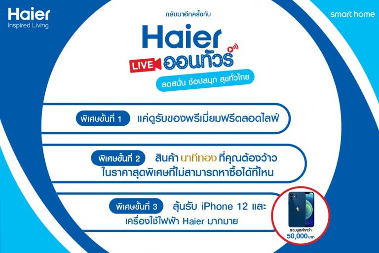 “Haier Live On Tour ซีซั่น 2 : ลดสนั่น ช้อปสนุก สุขทั่วไทย” ลุ้นรับไอโฟน 12 และของพรีเมี่ยม