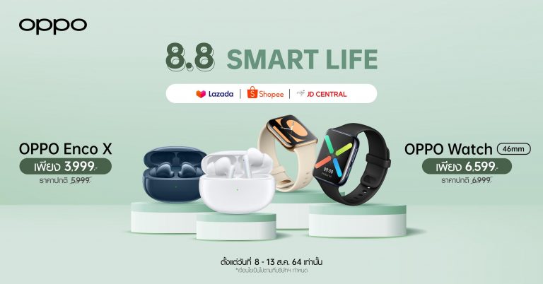 OPPO เปิดแคมเปญ 8.8 OPPO Smart Life มอบส่วนลดอุปกรณ์เสริมสูงสุด 2,000 บาท! ตั้งแต่ 8-13 สิงหาคมนี้ ที่ช่องทางออนไลน์เท่านั้น