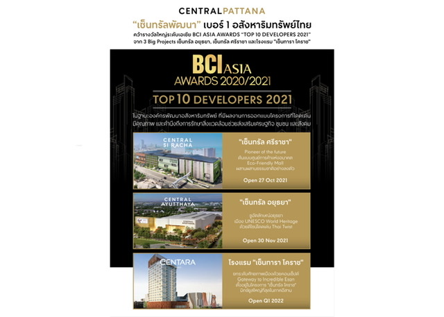 “เซ็นทรัลพัฒนา” ตอกย้ำเบอร์หนึ่งอสังหาริมทรัพย์ไทยคว้ารางวัลใหญ่ระดับเอเชีย จากงาน BCI ASIA AWARDS 2020/2021